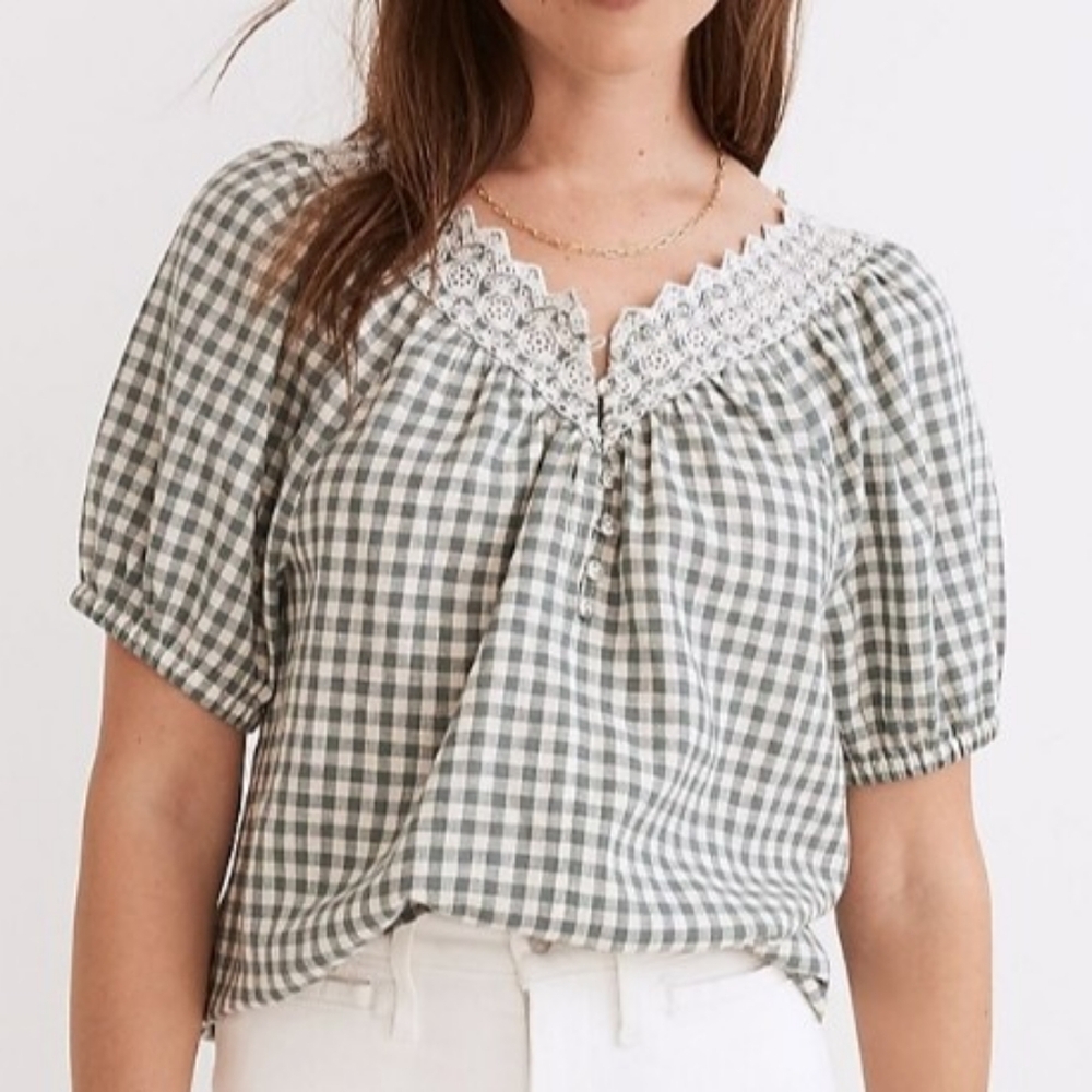 Madewell Embroidered Linen-Blend Swing Top in Gingham Check Size XS - NWT
